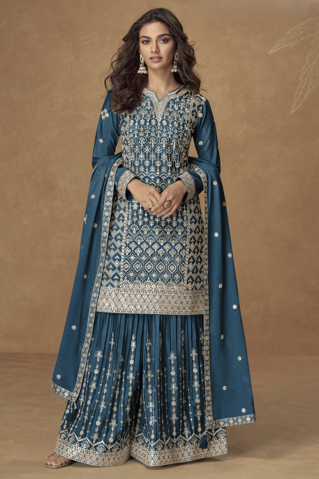 Teal Chinon Silk Kameez With Plazzo Suit For Indian & Pakistani Wedding Festival - Thread & Sequence Embroidery