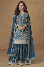 Teal Chinon Silk Kameez With Plazzo Suit For Indian & Pakistani Wedding Festival - Thread & Sequence Embroidery