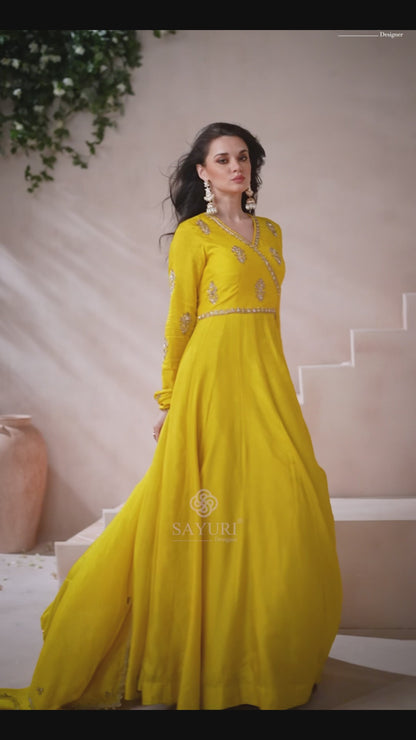 Yellow Silk Floor Full Length Flower Embroidered Anarkali Gown For Indian Festivals & Weddings - Embroidery Work