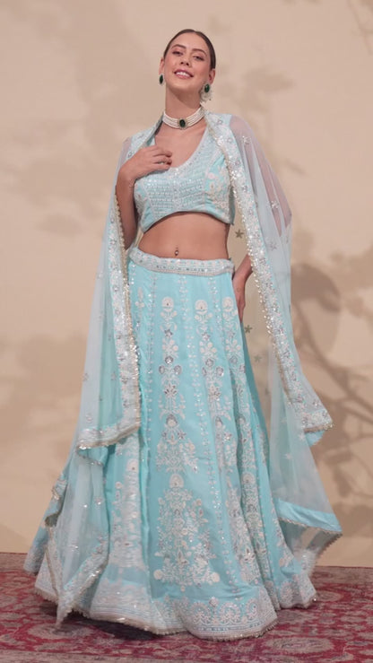 Sky Blue Georgette Lehenga Choli For Indian Festivals & Wedding - Thread Embroidery Work, Sequence Embroidery Work