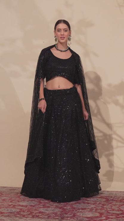 Black Net Lehenga Choli For Indian Festivals & Wedding - Sequence Embroidery Work, Bead Work