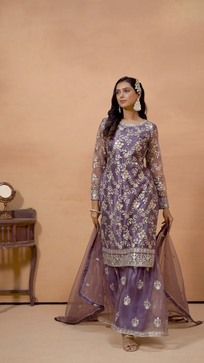 Purple Net Sharara Suit Dress For Indian Festivals & Weddings - Thread & Sequence Embroidery Work