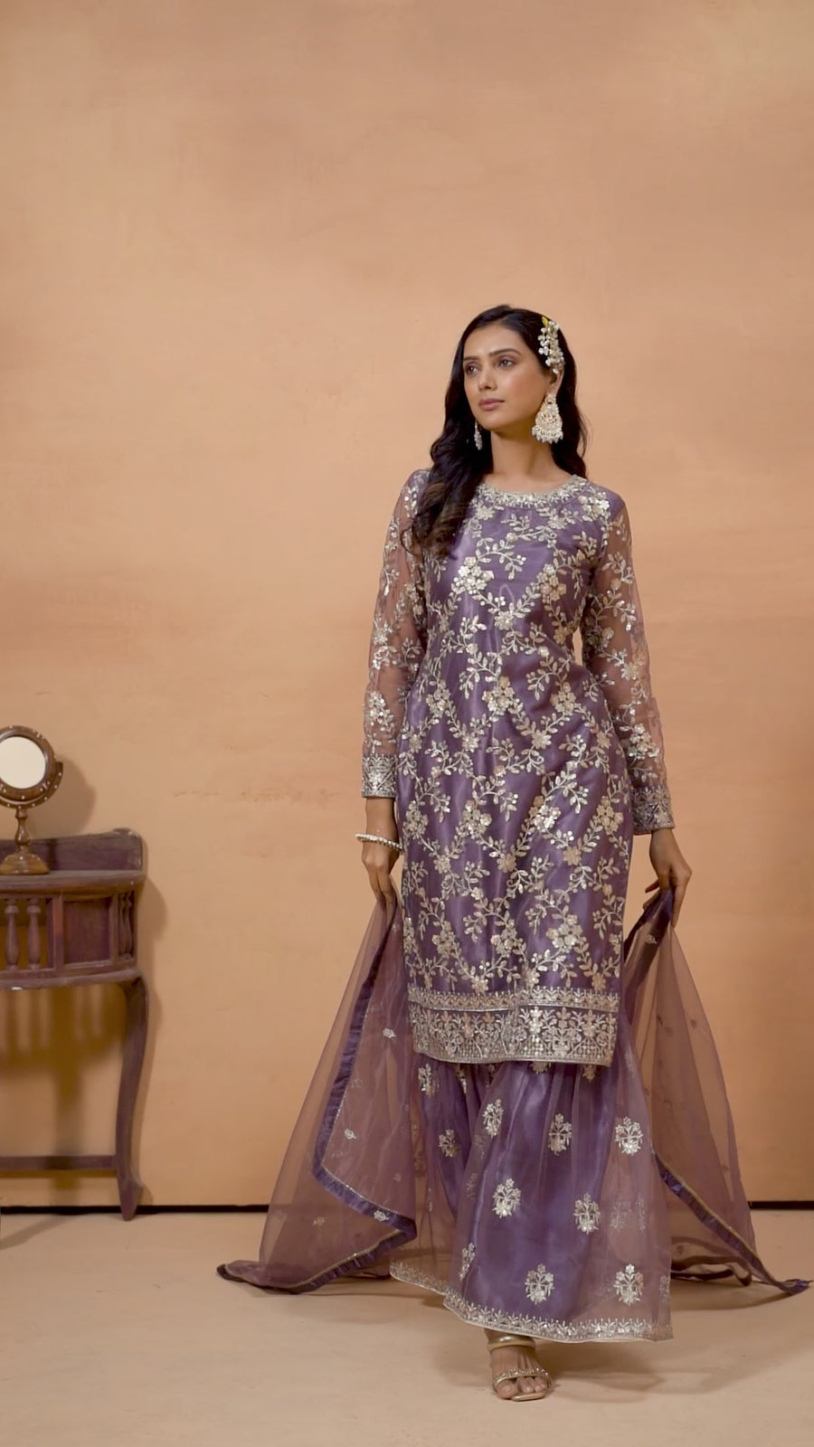 Purple Net Sharara Suit Pakistani for Wedding - Thread & Sequence Embroidery Work