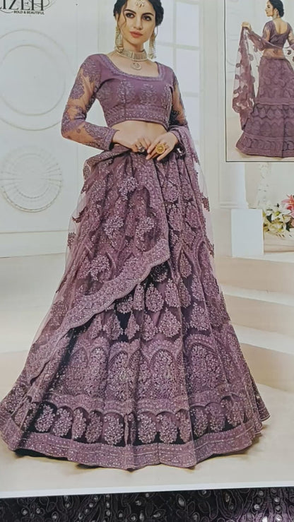 Violet  Net Lehenga Choli For Indian Festivals & Weddings - Thread Embroidery Work, Codding Embroidery Work, Stone Work