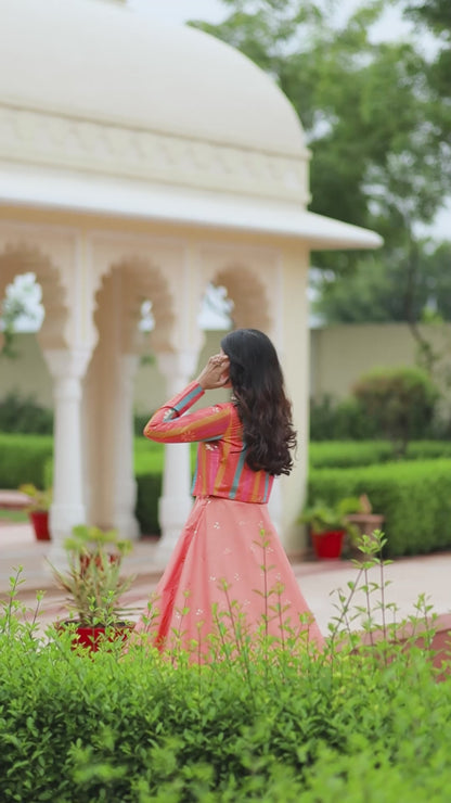 Orange Cotton  Jacket Anarkali Suit For Indian Festivals & Weddings - Thread Work, Sequence Embroidery Work,