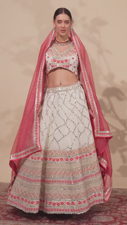 Reddish Pink Georgette Lehenga Choli For Indian Festivals & Wedding - Thread Embroidery Work, Sequence Embroidery Work