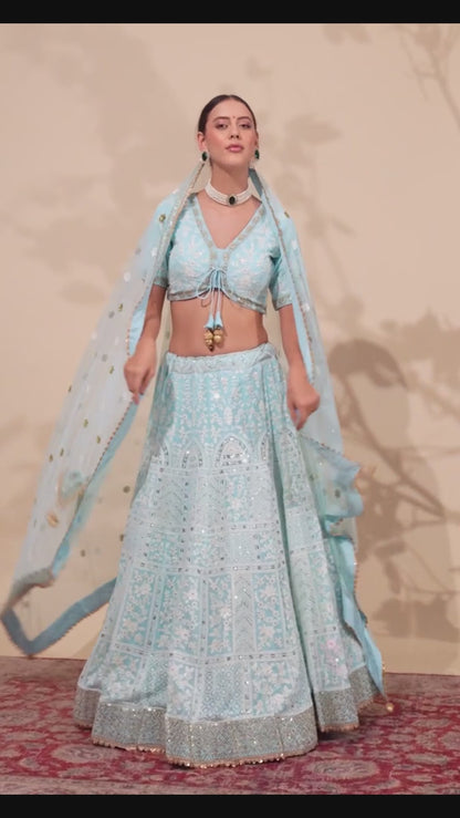 Sky Blue Georgette Lehenga Choli For Indian Festivals & Weddings - Sequence Embroidery Work, Thread Embroidery Work