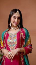 Dark Pink Chinon Silk Kameez Pant Suit For Indian Festival & Wedding - Thread Embroidery Work, Sequence Embroidery Work