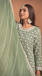 Yellow Chinon Silk Kameez with Skirt Multicolor Skirt For Indian Festivals & Pakistani Weddings - Thread Embroidery Work