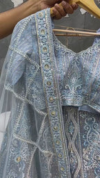Gray Blue Net Lehenga Choli For Indian Festivals & Pakistani Weddings Dress - Zarkan Work