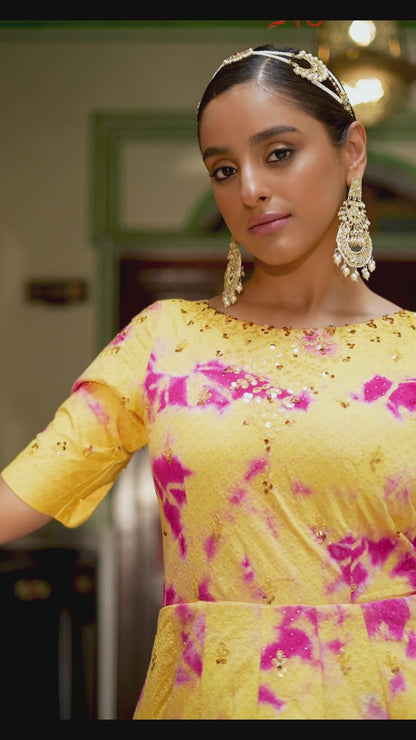 Yellow  Cotton Printed Gown For Indian Festivals & Weddings - Print Work, Sequence Embroidery Work,