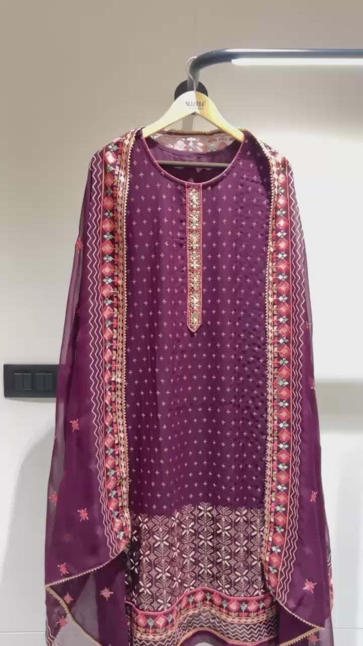 Maroon Georgette Kameez with Pant & Dupatta For Ladies Indian Festivals & Weddings - Embroidery Work