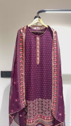 Maroon Georgette Kameez with Pant & Dupatta For Ladies Indian Festivals & Weddings - Embroidery Work