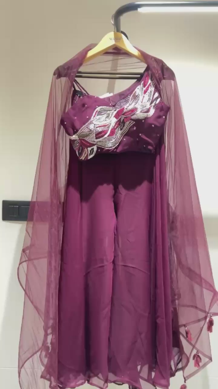 Wine Georgette Palazzo with Blouse with Cap Dupatta For Indian Festivals & Pakistani Weddings - Khatli Work, Hand Work