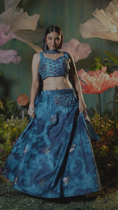 Blue Printed Velvet Lehenga Choli For Indian Festivals & Weddings - Print Work, Sequence Embroidery Work, Mirror Work