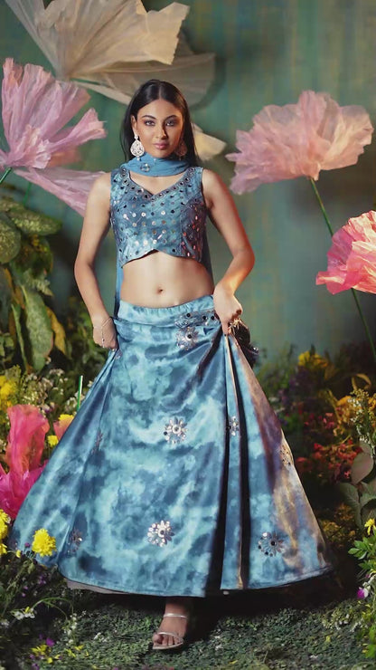 Teal Printed Velvet Lehenga Choli For Indian Festivals & Weddings - Print Work, Sequence Embroidery Work, Mirror Work