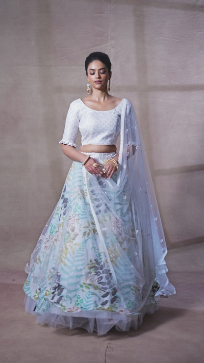 White Organza Silk Lehenga Choli (11 Meter Flair) For Indian Festivals & Weddings - Sequence Embroidery Work, Thread Embroidery Work, Print Work