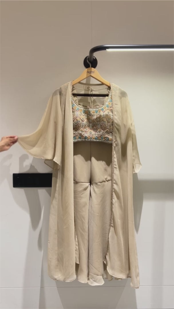 Beige Georgette Gharara Dress for Party - Thread Embroidery Work, Hand Embellishment, Mirror Work