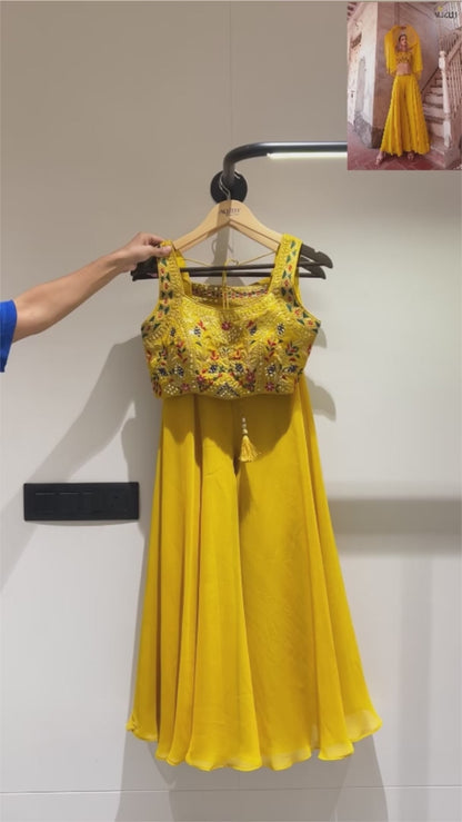 Yellow Georgette Sharara Choli For Indian Festivals & Weddings - Thread Embroidery Work, Hand Embellishment, Mirror Work