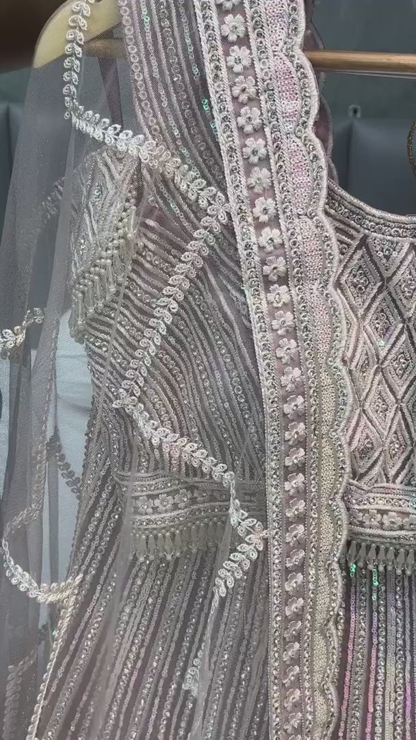 Lavender Net Lehenga Choli For Indian Festivals & Pakistani Weddings Dress - Mirror Work, Sequence Embroidery Work, Zarkan Work