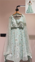 Light Pista Net Lehenga Choli For Indian Festivals & Weddings - Thread Embroidery Work, Mirror Work, Zari Work, Zarkan Work