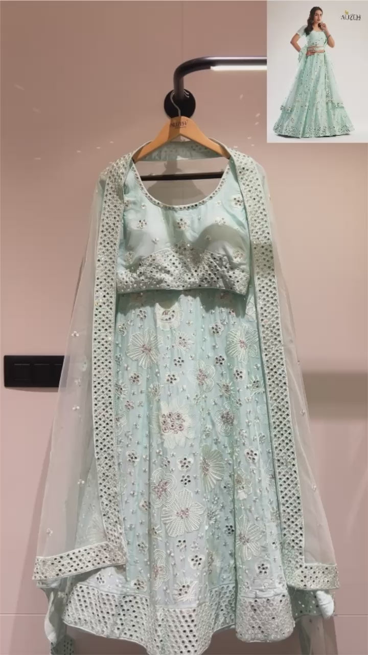 Light Pista Net Lehenga Choli For Indian Festivals & Weddings - Thread Embroidery Work, Mirror Work, Zari & Zarkan Work