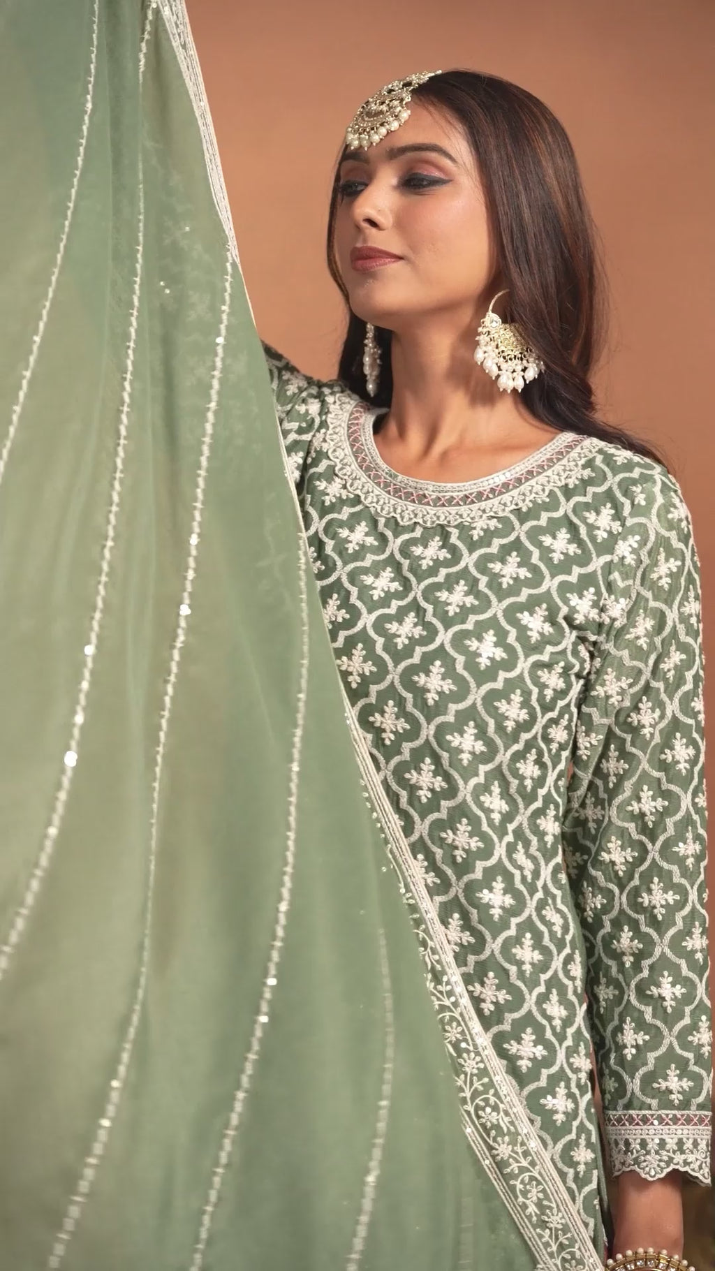 Green Chinon Silk Kameez with Skirt Multicolor Skirt For Indian Festivals & Pakistani Weddings - Thread Embroidery Work