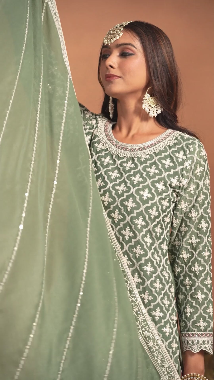 Green Chinon Silk Kameez with Skirt Multicolor Skirt For Indian Festivals & Pakistani Weddings - Thread Embroidery Work