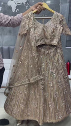 Golden Net Lehenga Choli For Indian Festivals & Pakistani Weddings Dress - Zarkan Work, Sequence Embroidery Work