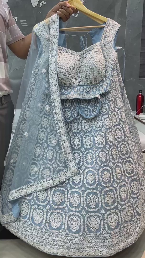 Light Blue Net Lehenga Choli (5 Meter Flair) For Indian Festivals & Pakistani Weddings Dress - Embroidery Work, Zarkan Work