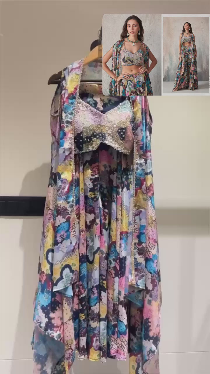 Multicolor Chinon Silk Sleeveless Choli Plazo For Indian Festivals & Weddings - Print Work, Khatli Work, Sequence Embroidery Work, Resham Work, Cut Dana Work, Moti Work