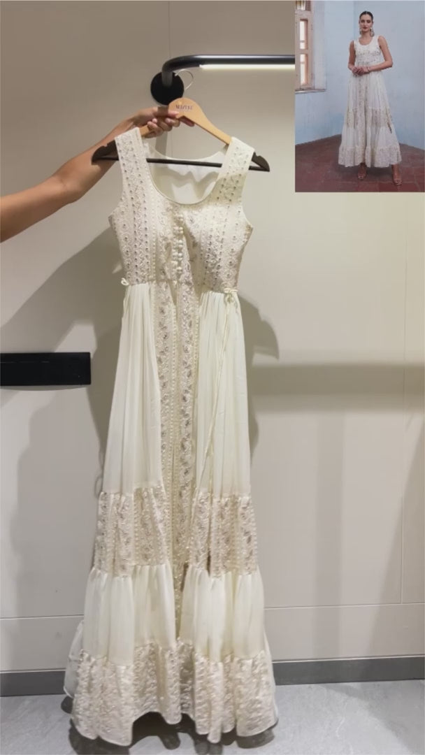Off White Georgette Anarkali with Front Slit and Pant for Indian Wedding Outfits - Thread & Sequence Embroidery Work, Zari Work