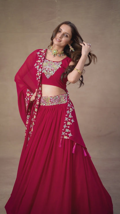 Pink Georgette Lehenga Choli (6 Meter Flair) For Indian Festivals & Weddings - Sequence Embroidery Work, Thread Embroidery Work