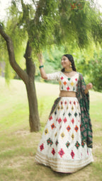 White Silk Lehenga Choli For Indian Festivals & Weddings - Sequence Embroidery Work, Thread Work, Print Work