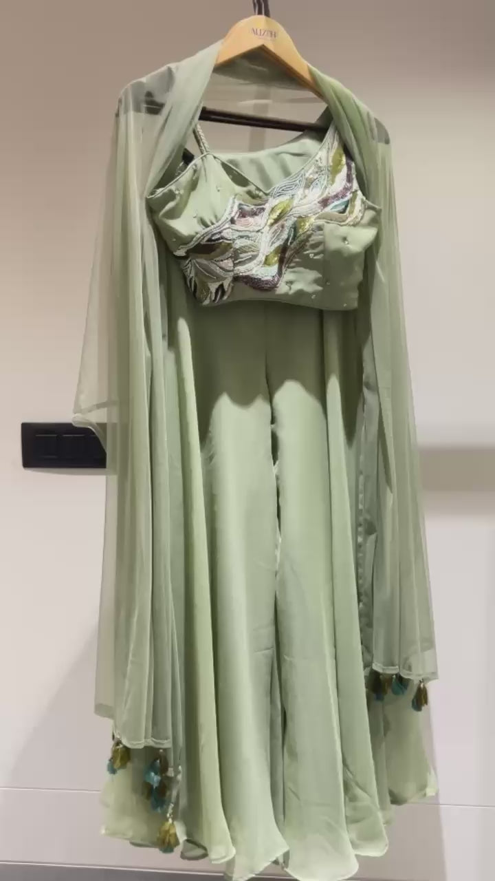 Olive Green Georgette Palazzo with Blouse with Cap Dupatta For Indian Festivals & Pakistani Weddings - Khatli Work, Hand Work
