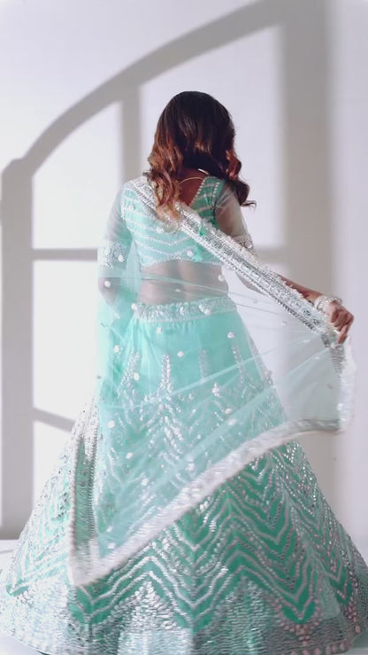 Sky Blue Net Lehenga Choli For Indian Festivals & Weddings - Sequence Embroidery Work, Gotta Patti Work
