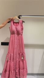 Hot Pink Georgette Anarkali with Front Slit and Pant for Indian Wedding Clothes For Guests - Thread & Sequence Embroidery Work, Zari Work