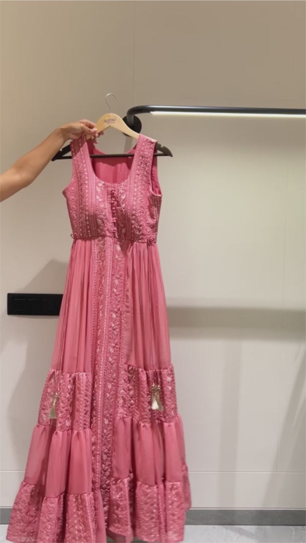 Hot Pink Georgette Anarkali with Front Slit and Pant for Indian Wedding Clothes For Guests - Thread & Sequence Embroidery Work, Zari Work