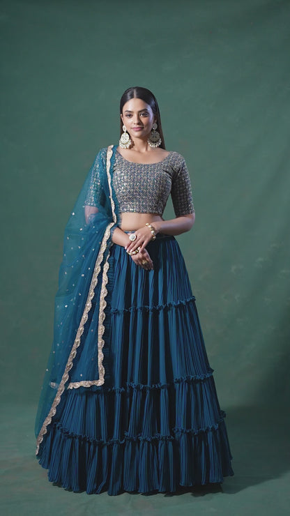Teal Georgette Ruffle Lehenga Choli (18 Meter Flair) For Indian Festivals & Weddings - Sequence Embroidery Work, Thread Embroidery Work