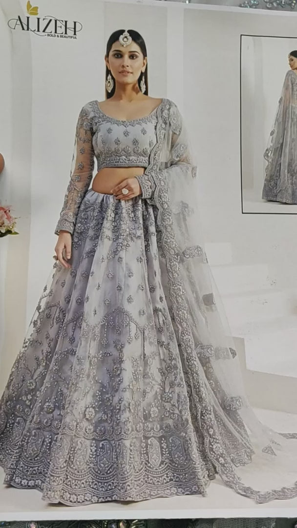 Grey  Net Lehenga Choli For Indian Festivals & Weddings - Thread Embroidery Work, Codding Embroidery Work, Butta Work, Stone Work