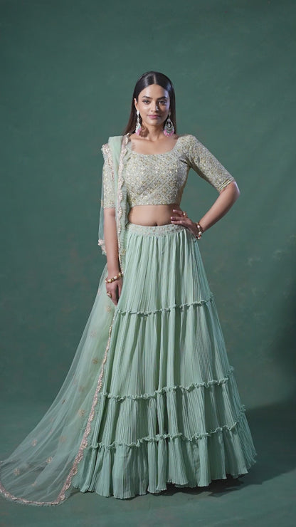 Pista Georgette Ruffle Lehenga Choli (18 Meter Flair) For Indian Festivals & Weddings - Sequence Embroidery Work, Thread Embroidery Work