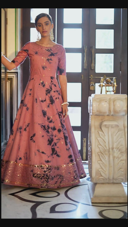 Peach  Cotton Printed Gown For Indian Festivals & Weddings - Print Work, Sequence Embroidery Work,