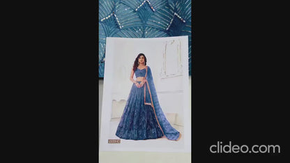 Steel Blue Net Embroidered Lehenga Choli For Indian Festival & Weddings - Embroidery Work