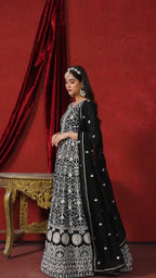 Black Georgette Anarkali Gown Female Dresses Pakistani Festivals - Thread Embroidery Work