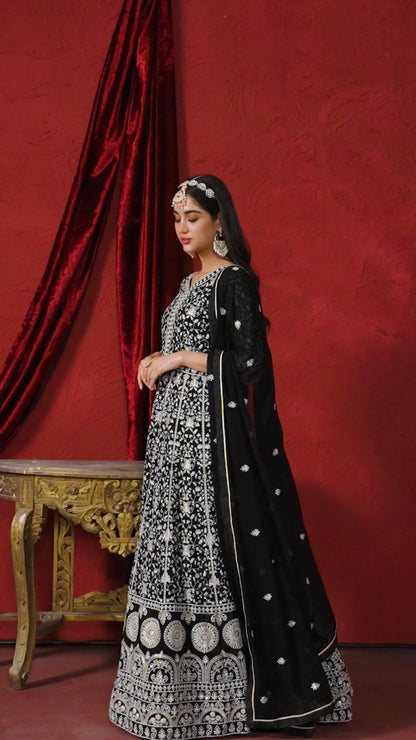 Black Georgette Full Floor Length Anarkali Gown For Indian Festivals & Weddings - Thread Embroidery Work