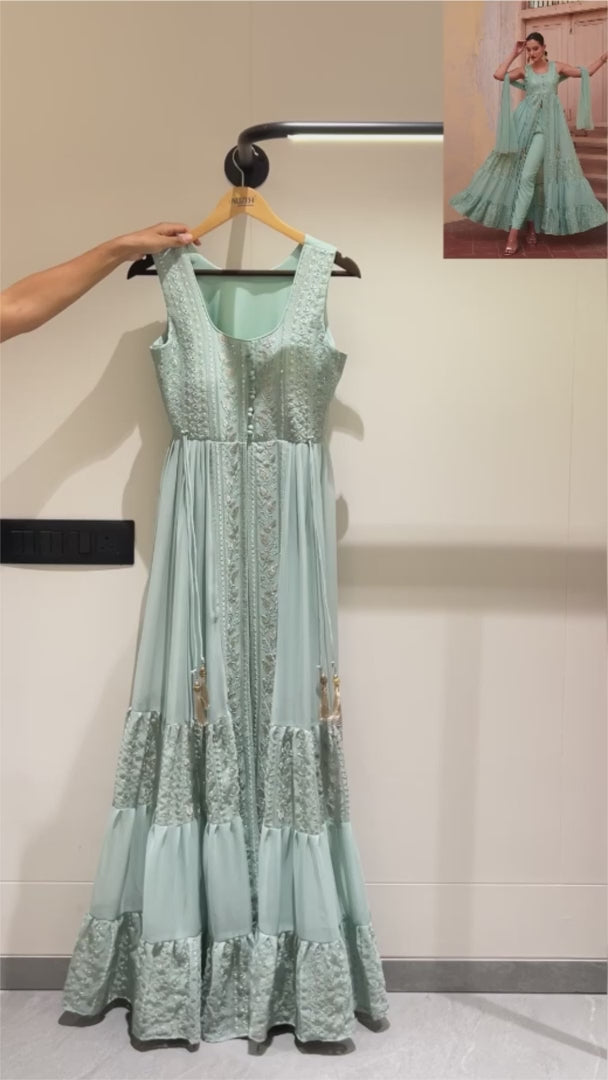 Sky Blue Georgette Anarkali for Indian Wedding Guests Outfits with Front Slit and Pant - Thread & Sequence Embroidery Work, Zari Work