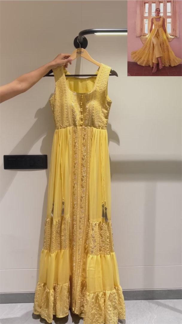 Yellow Georgette Anarkali with Front Slit and Pant for Haldi Indian Wedding Guest Outfits - Thread & Sequence Embroidery Work, Zari Work