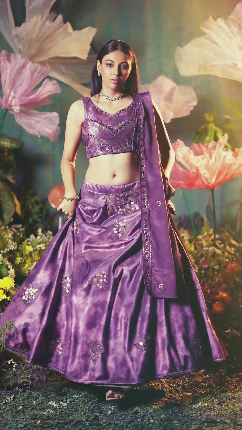 Purple Printed Velvet Lehenga Choli For Indian Festivals & Weddings - Print Work, Sequence Embroidery Work, Mirror Work