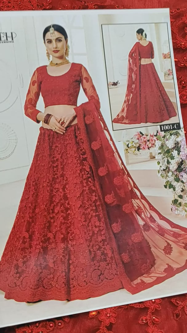Red  Net Lehenga Choli For Indian Festivals & Weddings - Thread Embroidery Work, Codding Embroidery Work, Butta Work, Stone Work