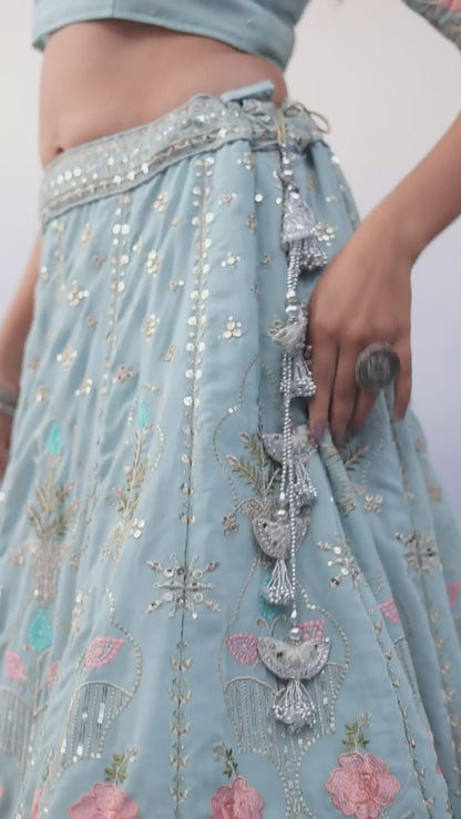 Sky Blue Georgette Flower Embroidered Lehenga Choli For Indian Festivals & Weddings - Sequence Embroidery Work